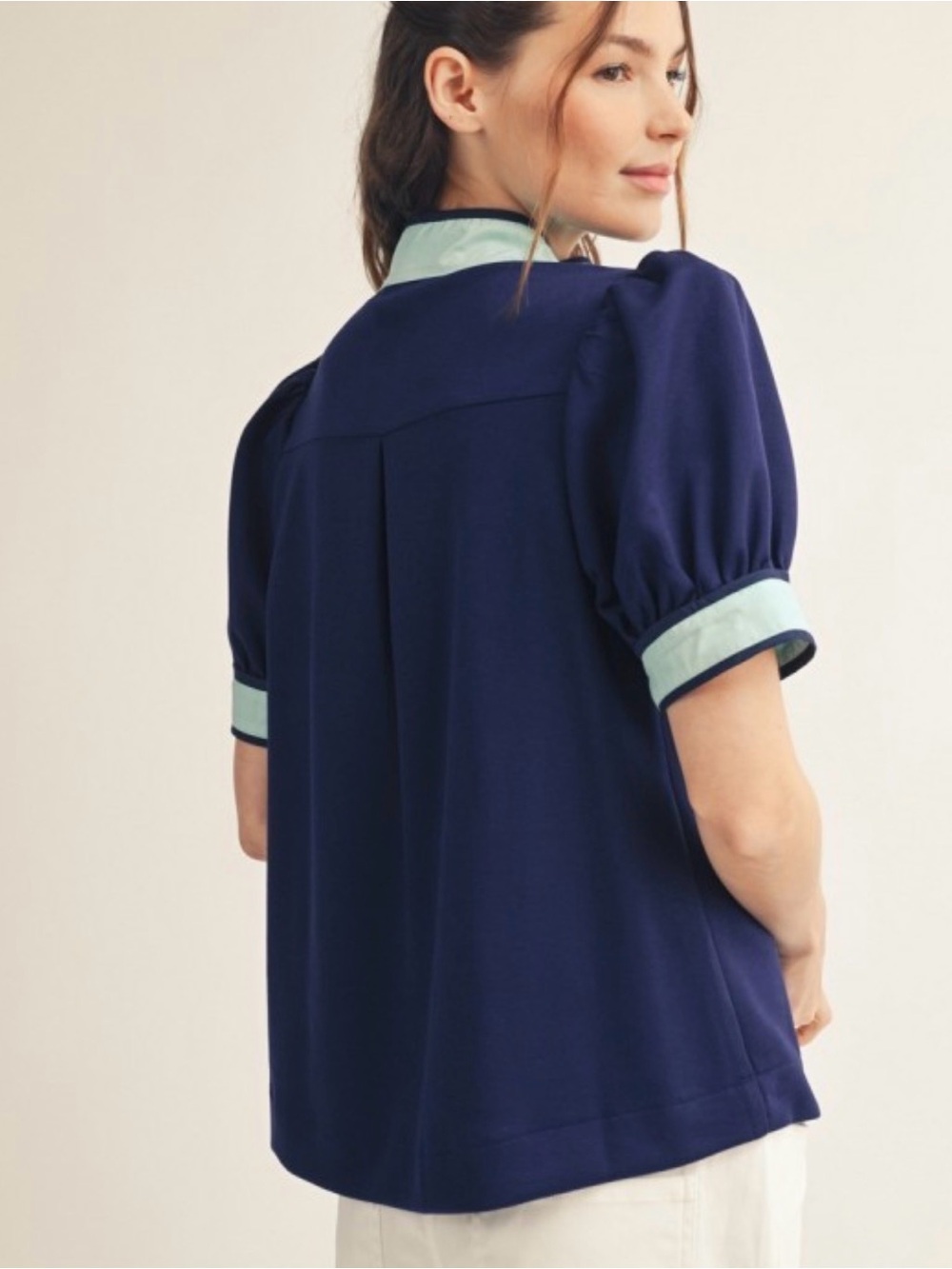 JODIFL Navy Puff-Sleeve Top with Mint Contrast - Picture 2 of 3